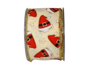 Large Ruban de Noël blanc crème avec bonnets de Père Noël. Fil de fer intégré, Largeur 7cm x 9m