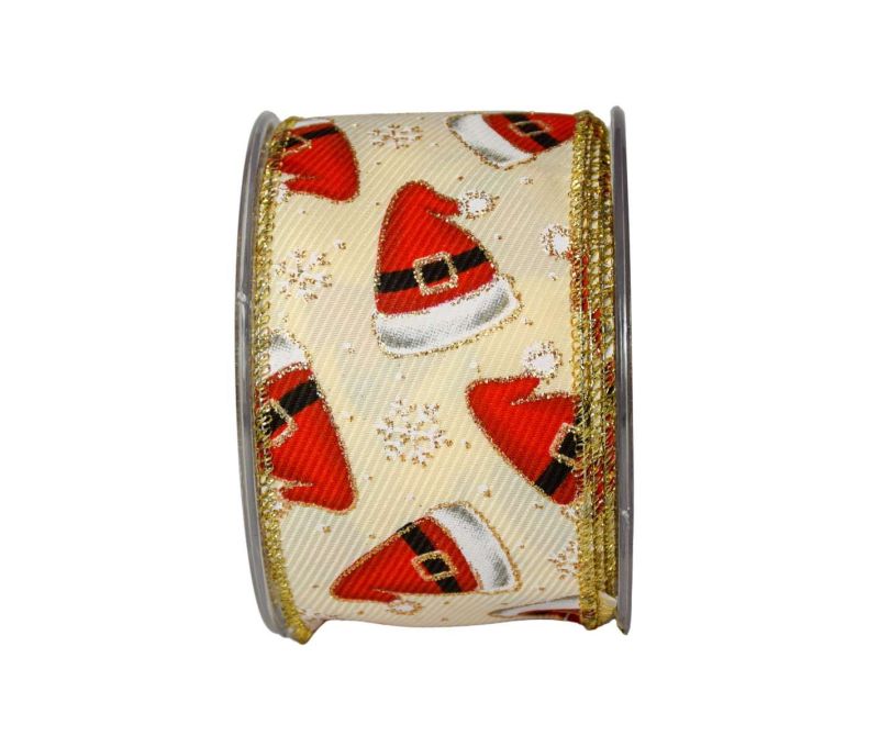 Large Ruban de Noël blanc crème avec bonnets de Père Noël. Fil de fer intégré, Largeur 7cm x 9m