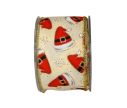 See slide Large Ruban de Noël blanc crème avec bonnets de Père Noël. Fil de fer intégré, Largeur 7cm x 9m