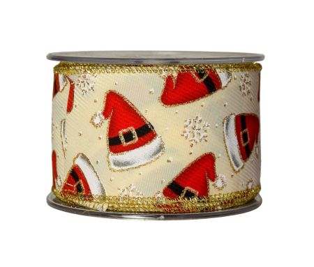 Large Ruban de Noël blanc crème avec bonnets de Père Noël. Fil de fer intégré, Largeur 7cm x 9m