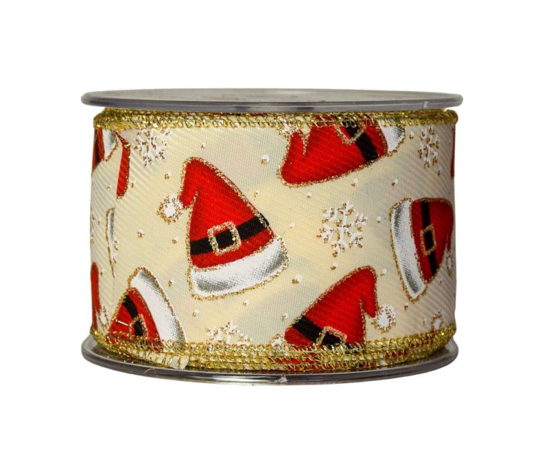 Large Ruban de Noël blanc crème avec bonnets de Père Noël. Fil de fer intégré, Largeur 7cm x 9m