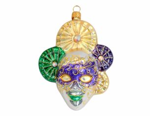 Boule de Noël artisanale en verre soufflé masque vénitien vert, jaune et mauve.

Hauteur : 15cm