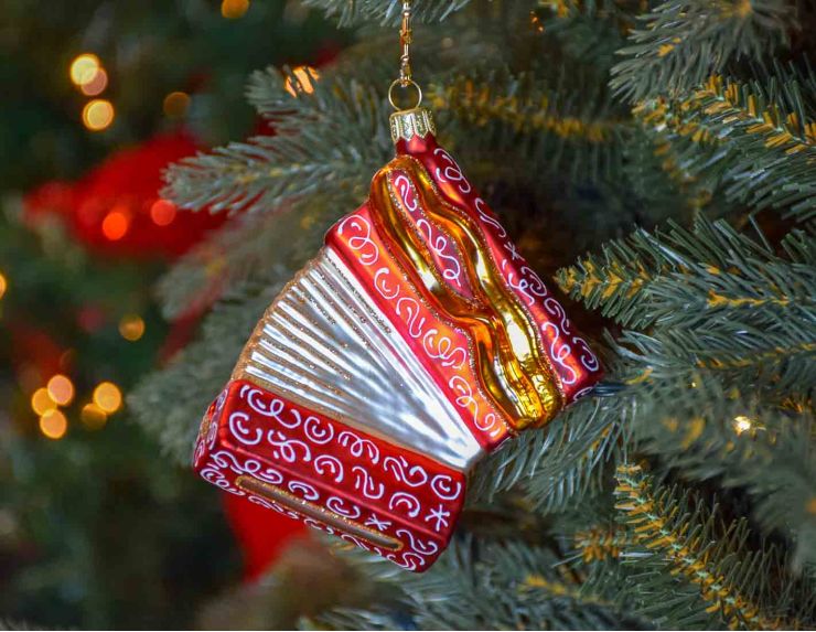 Boule de Noël originale accordéon rouge et doré en verre soufflé.