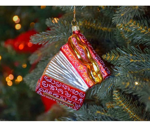 Boule de Noël originale accordéon rouge et doré en verre soufflé.