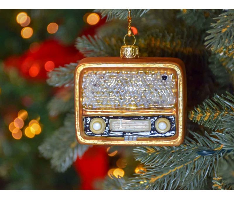 Boule de Noël originale radio vintage en verre soufflé et décorée à la main.