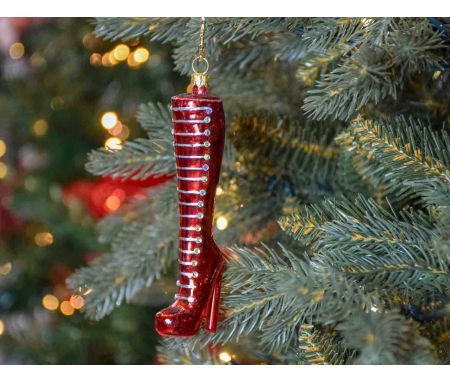 Suspension de Noël originale botte rouge brillant avec strass en verre soufflé.