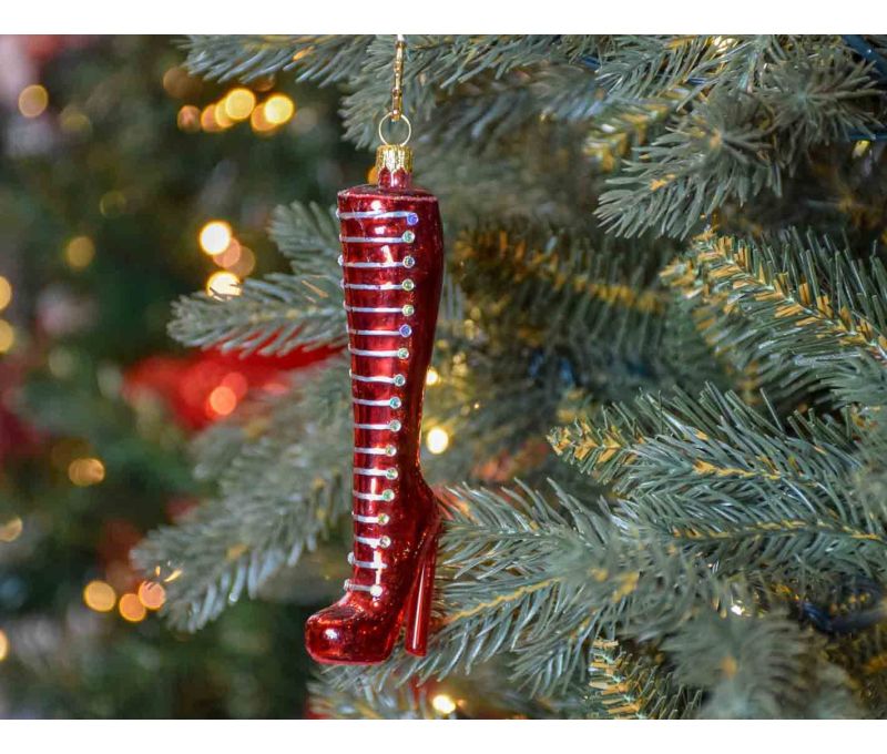 Suspension de Noël originale botte rouge brillant avec strass en verre soufflé.
