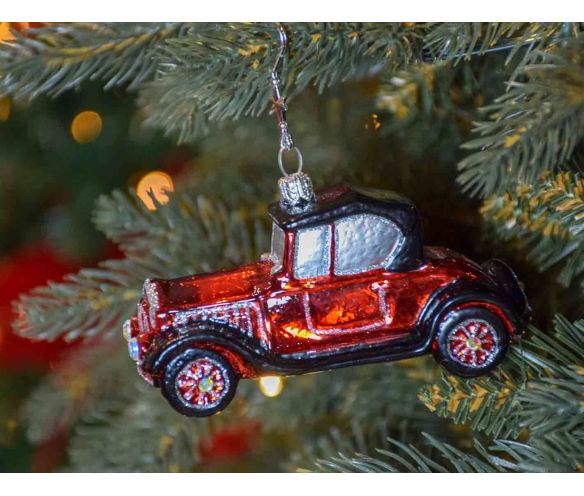 Boule de Noël originale voiture ancienne rouge et noire en verre soufflé.