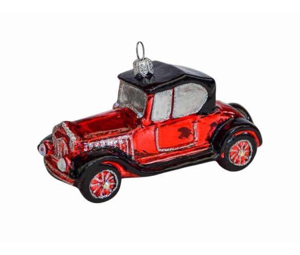 Boule de Noël originale voiture ancienne rouge et noire en verre soufflé.
