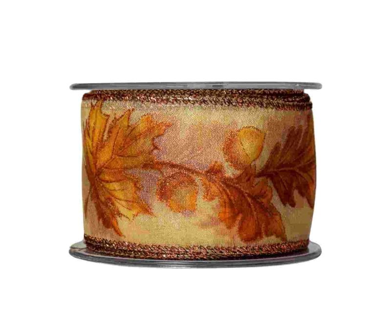 Ruban décoratif automne motifs feuilles et glands fil de fer intégré orange doré brun largeur 7cm longueur 9m