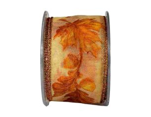 Large ruban décoratif avec décorations automnales, feuilles. Fil de fer intégré sur les côtés pour utilisation facile.