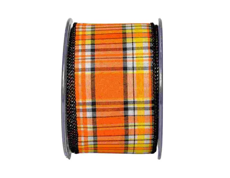 Large ruban pour Halloween damier orange, noir et blanc. 

Fil de fer intégré sur les côtés pour utilisation facile.