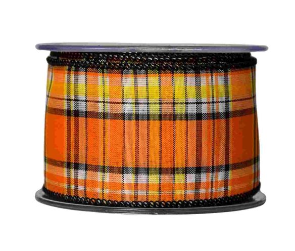 Ruban Halloween motif tartan damier orange noir blanc jaune fil de fer intégré largeur 7cm longueur 9m