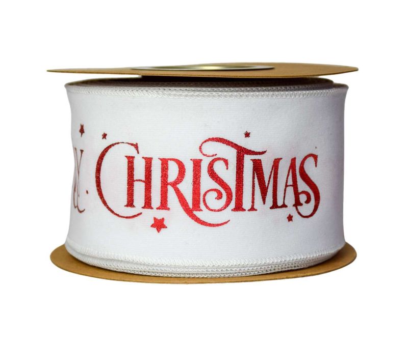 Large ruban de Noël blanc en velours avec inscription "Merry Christmas" en rouge. Fil de fer intégré