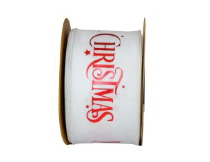 Large ruban de Noël blanc en velours avec inscription "Merry Christmas" en rouge. Fil de fer intégré