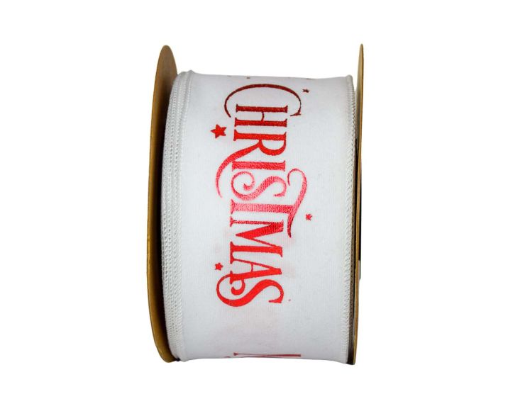 Large ruban de Noël blanc en velours avec inscription "Merry Christmas" en rouge. Fil de fer intégré