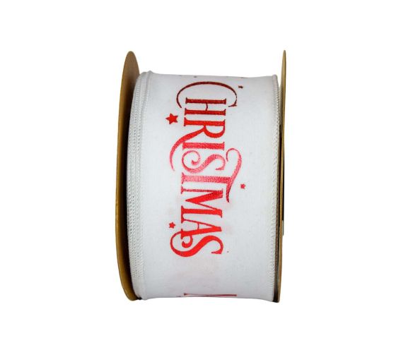 Large ruban de Noël blanc en velours avec inscription "Merry Christmas" en rouge. Fil de fer intégré