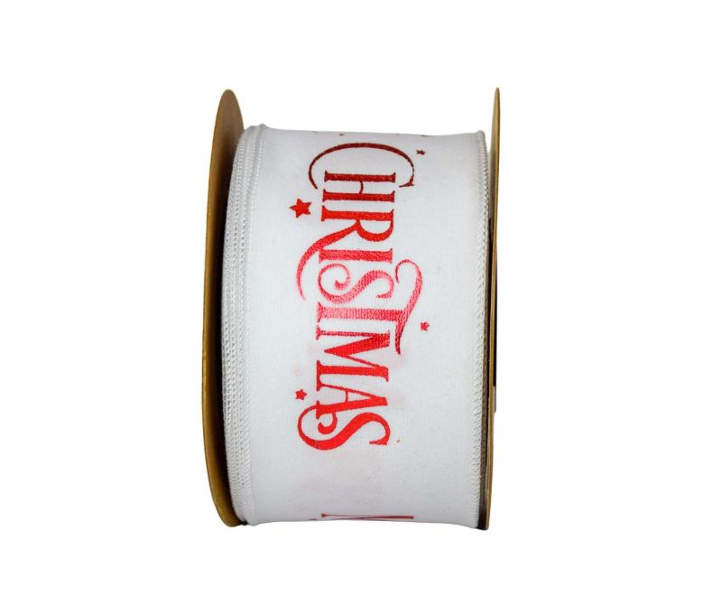 Large ruban de Noël blanc en velours avec inscription "Merry Christmas" en rouge. Fil de fer intégré