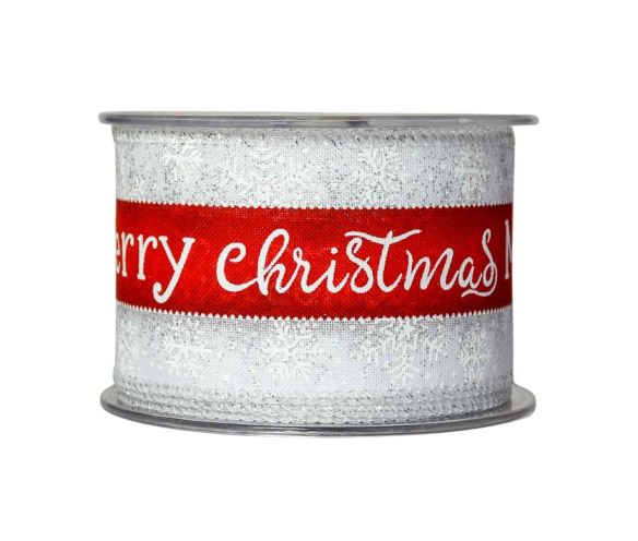 Large ruban de Noël blanc et argenté avec inscription "Merry Christmas" en rouge et décor de flocons.