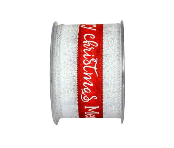 Large ruban de Noël blanc et argenté avec inscription "Merry Christmas" en rouge et décor de flocons.