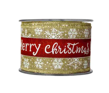 Large ruban de Noël toile de jute avec flocons blanc et inscription "Merry Christmas" en rouge.