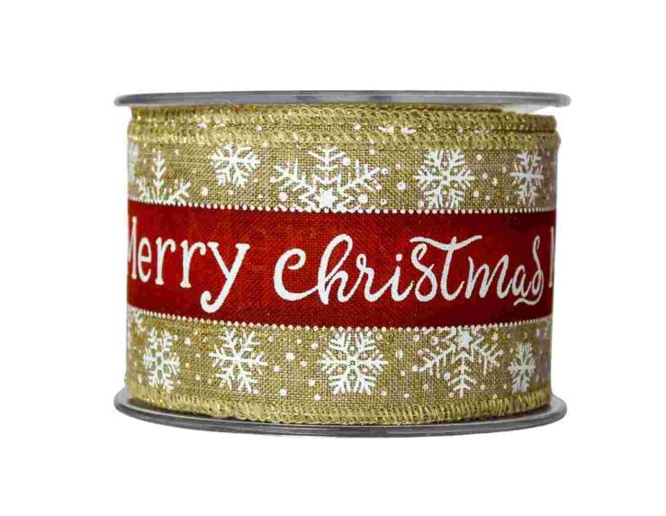 Large ruban de Noël toile de jute avec flocons blanc et inscription "Merry Christmas" en rouge.
