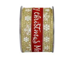 Large ruban de Noël toile de jute avec flocons blanc et inscription "Merry Christmas" en rouge.
