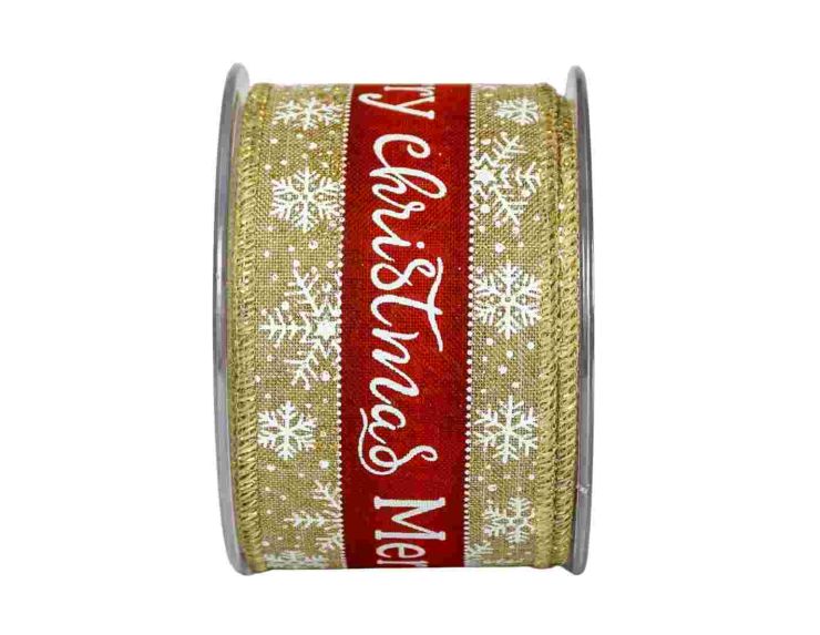 Large ruban de Noël toile de jute avec flocons blanc et inscription "Merry Christmas" en rouge.