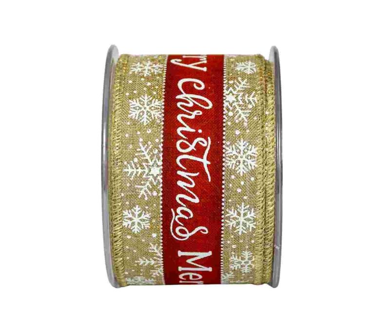 Large ruban de Noël toile de jute avec flocons blanc et inscription "Merry Christmas" en rouge.