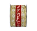 Voir la slide Large ruban de Noël toile de jute avec flocons blanc et inscription "Merry Christmas" en rouge.