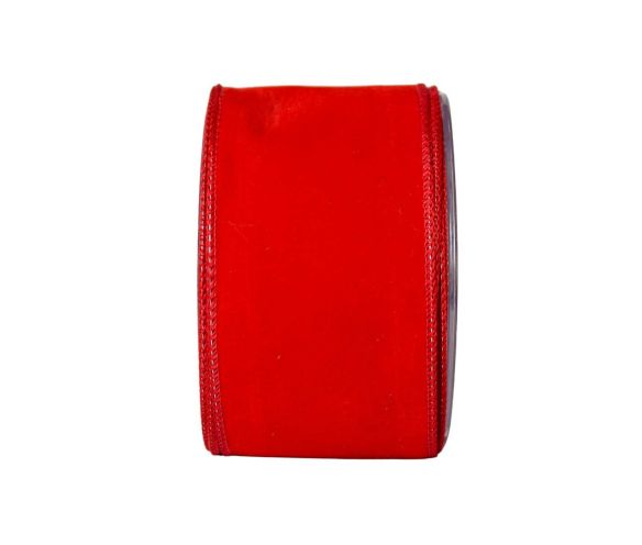 Ruban Noël velours rouge vif uni bordures surpiquées fil de fer largeur 9cm rouleau 9 mètres