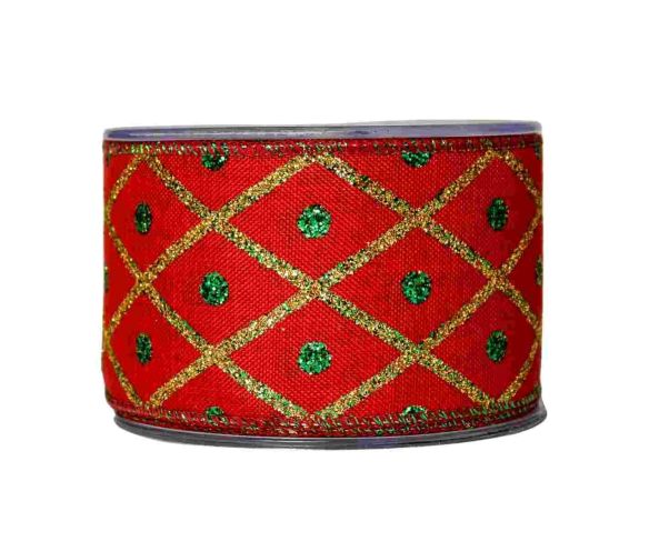 Large ruban de Noël rouge au décor arlequin avec des lignes dorées et des points verts.
Fil de fer intégré