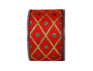 Large ruban de Noël rouge au décor arlequin avec des lignes dorées et des points verts.
Fil de fer intégré