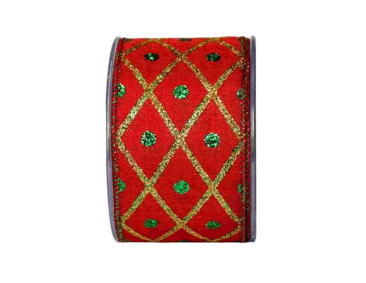 Large ruban de Noël rouge au décor arlequin avec des lignes dorées et des points verts.
Fil de fer intégré
