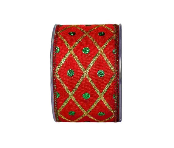 Large ruban de Noël rouge au décor arlequin avec des lignes dorées et des points verts.
Fil de fer intégré