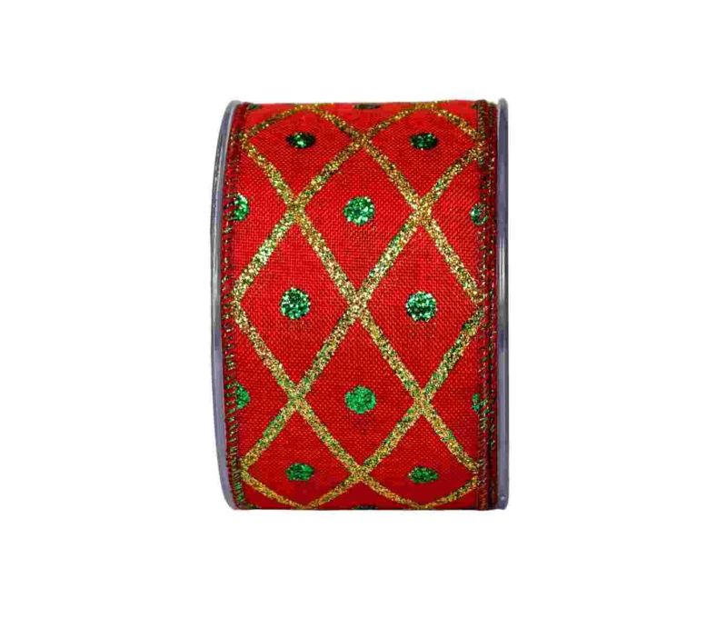 Large ruban de Noël rouge au décor arlequin avec des lignes dorées et des points verts.
Fil de fer intégré