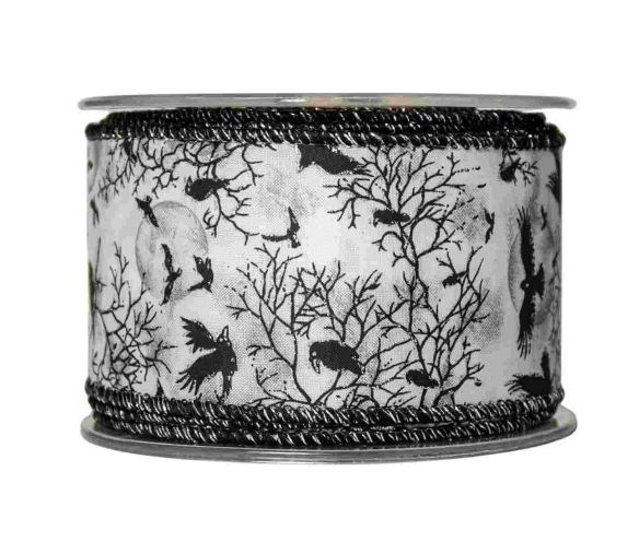 Ruban blanc Halloween motifs corbeaux noirs arbres lune fil de fer intégré largeur 7cm longueur 9m