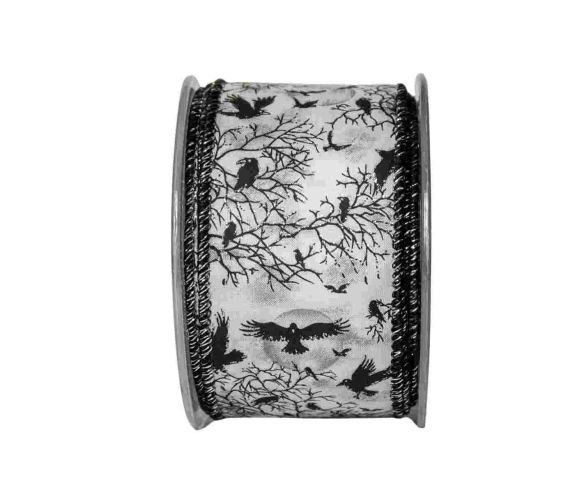 Ruban blanc Halloween motifs corbeaux noirs arbres lune fil de fer intégré largeur 7cm longueur 9m