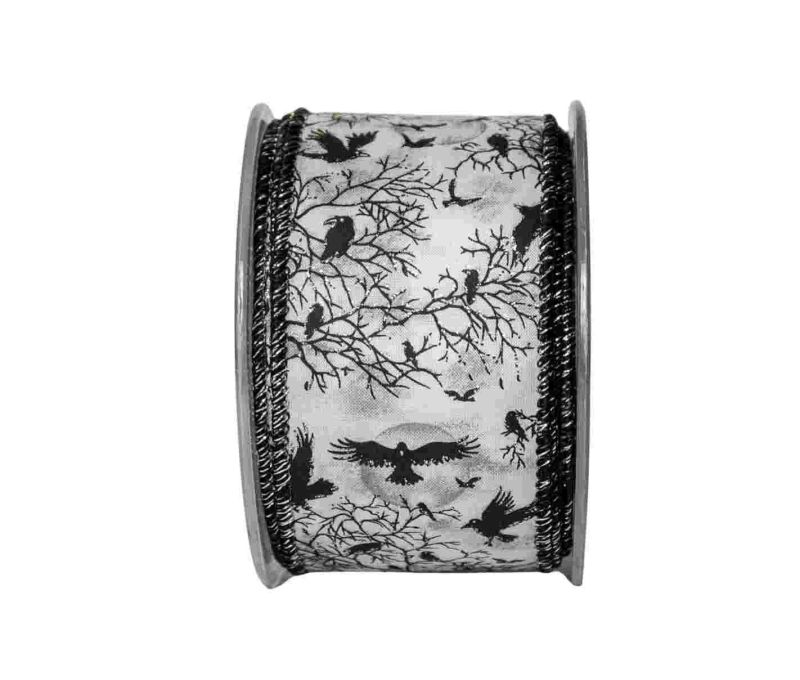 Ruban blanc Halloween motifs corbeaux noirs arbres lune fil de fer intégré largeur 7cm longueur 9m