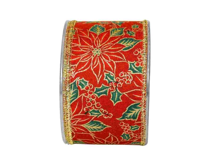 Large ruban de Noël rouge vintage avec des Poinsettias dorés. 

Fil de fer intégré dans le bord pour utilisation facile.