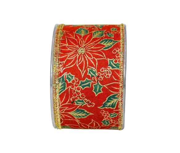 Large ruban de Noël rouge vintage avec des Poinsettias dorés. 

Fil de fer intégré dans le bord pour utilisation facile.