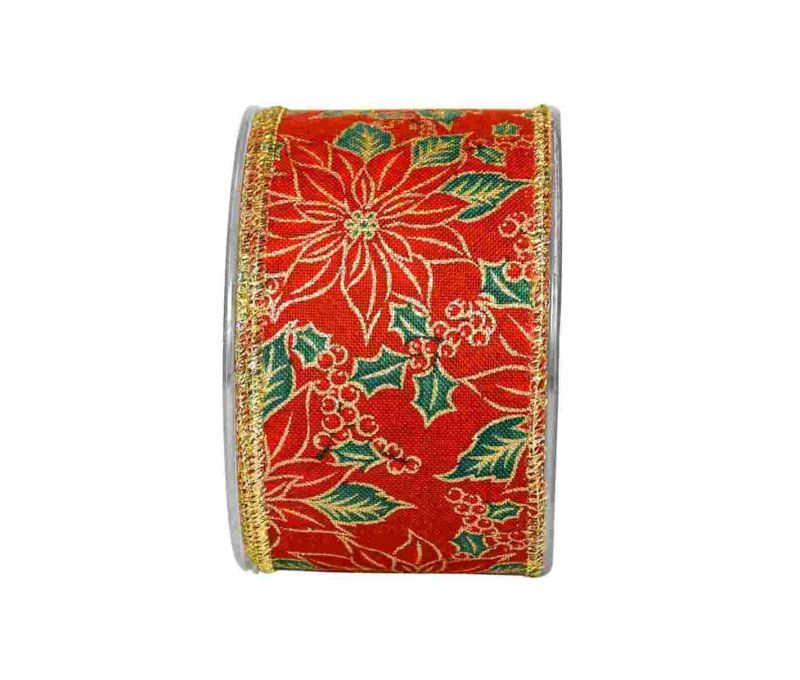 Large ruban de Noël rouge vintage avec des Poinsettias dorés. 

Fil de fer intégré dans le bord pour utilisation facile.