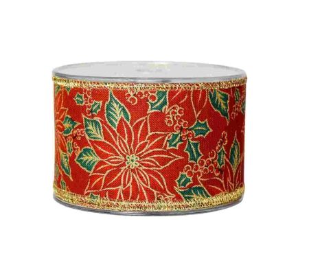 Large ruban de Noël rouge vintage avec des Poinsettias dorés. 

Fil de fer intégré dans le bord pour utilisation facile.