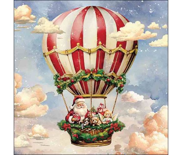 Serviette papier Noël Père Noël montgolfière rouge blanche ange chiens ciel nuages cadeaux 33x33cm