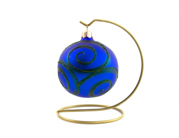 Boule de Noël en verre soufflé et décorée à la main, boule en verre bleu roi avec décor spirales vertes en paillettes