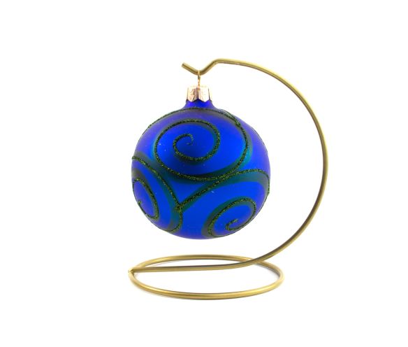 Boule de Noël en verre soufflé et décorée à la main, boule en verre bleu roi avec décor spirales vertes en paillettes