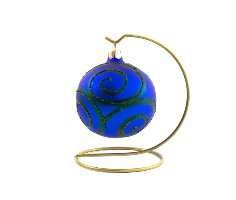 Boule de Noël en verre soufflé et décorée à la main, boule en verre bleu roi avec décor spirales vertes en paillettes