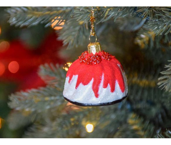 Boule de Noël originale cake rouge en verre soufflé, avec perles rouges. 

Hauteur :6cm