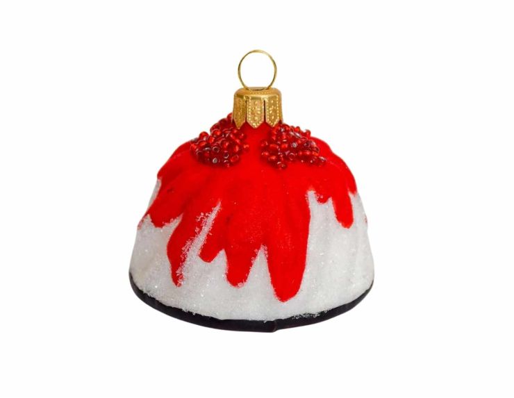 Boule de Noël originale cake rouge en verre soufflé, avec perles rouges. 

Hauteur :6cm