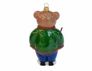 Suspension de Noël haut de gamme, ourson golfeur vêtu de son pull vert à carreaux rouges.